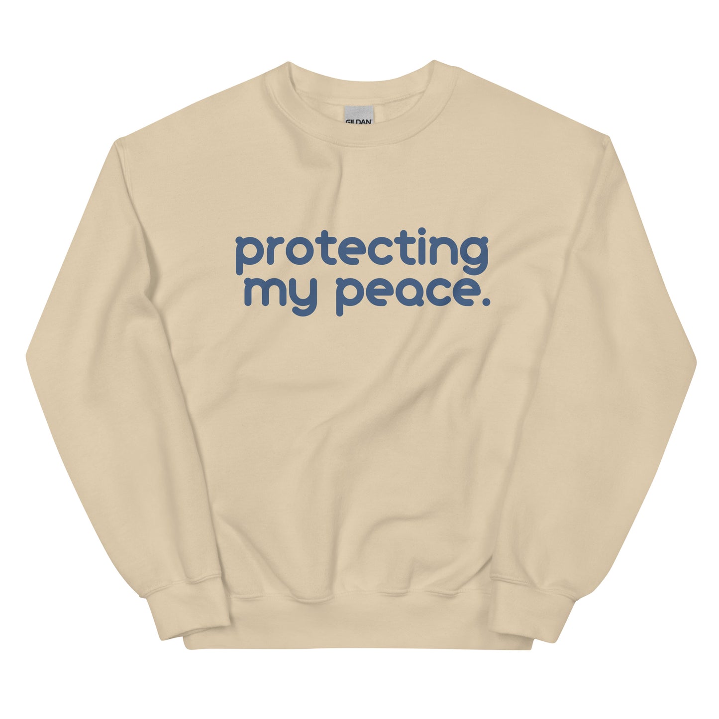 Protecting My Peace Sweatshirt in tan with blue lettering, a stylish and cozy pullover designed for those prioritizing self-love and tranquility.