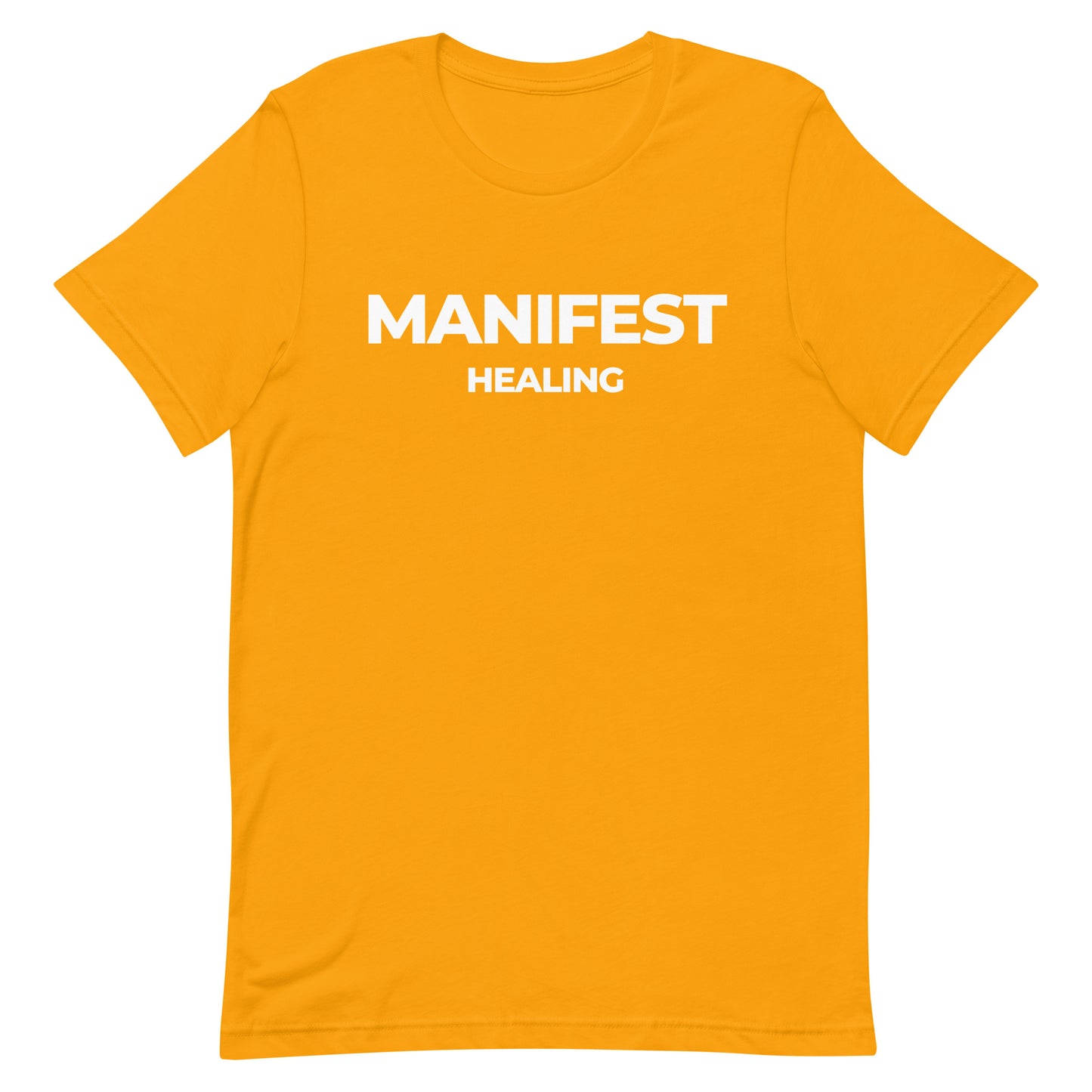 Manifest Healing T-Shirt in yellow with white lettering, a motivational and cozy tee designed for those on a healing journey."