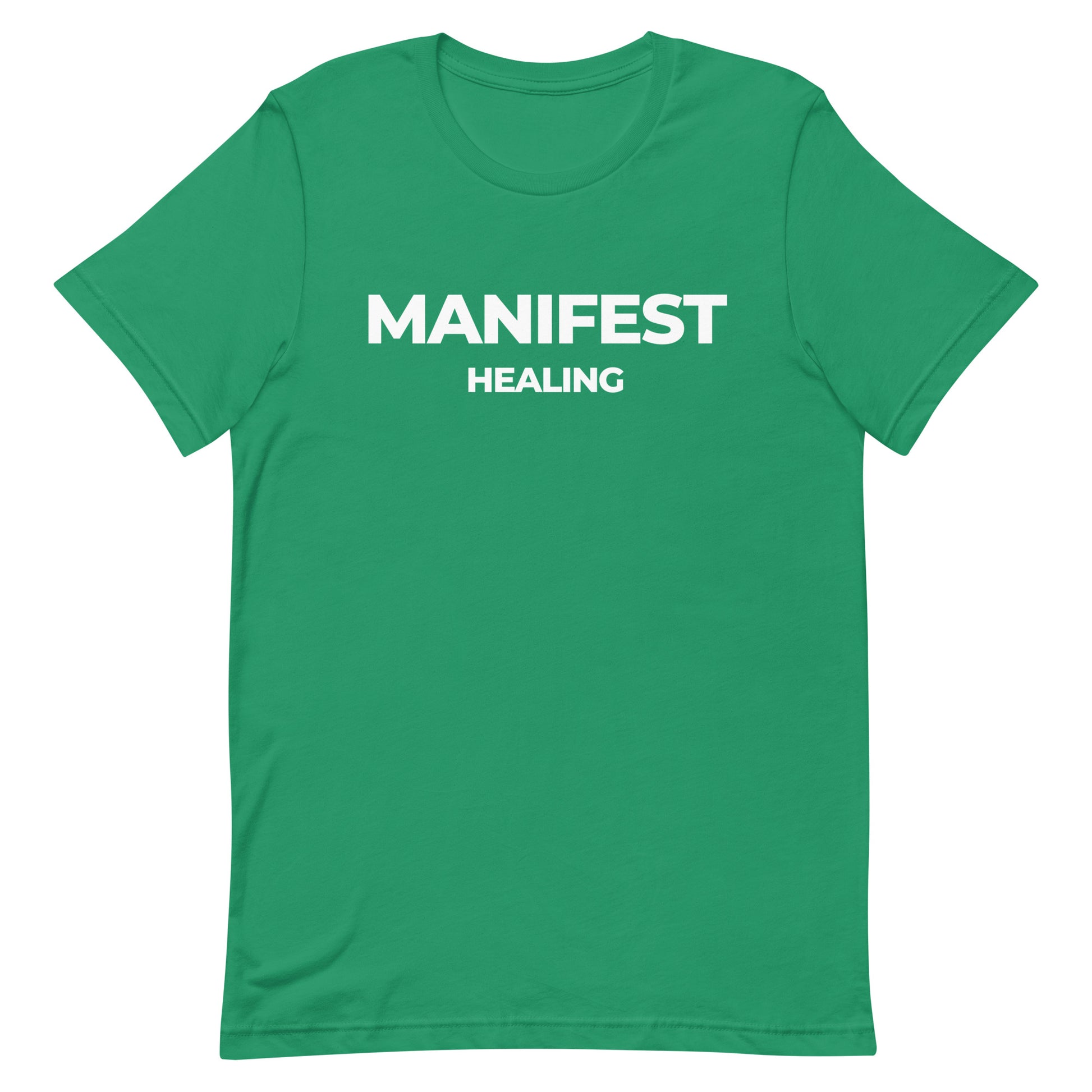 Manifest Healing T-Shirt in green with white lettering, a stylish and comfortable tee for those embracing self-care and personal growth.